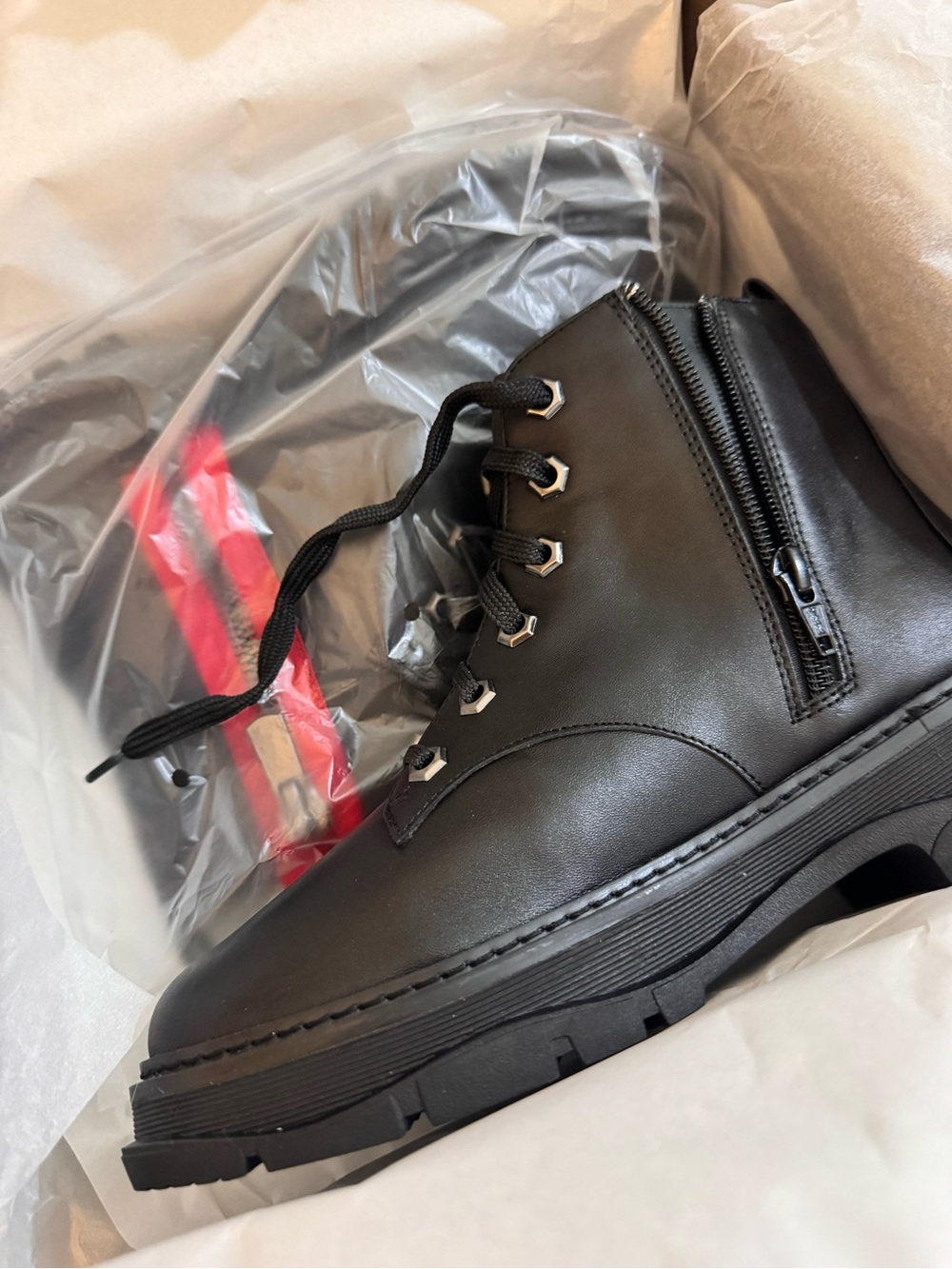 Linea Paolo Black  Ankle Boots with Red Stripe - Women's Lace-Up Ankle Boots